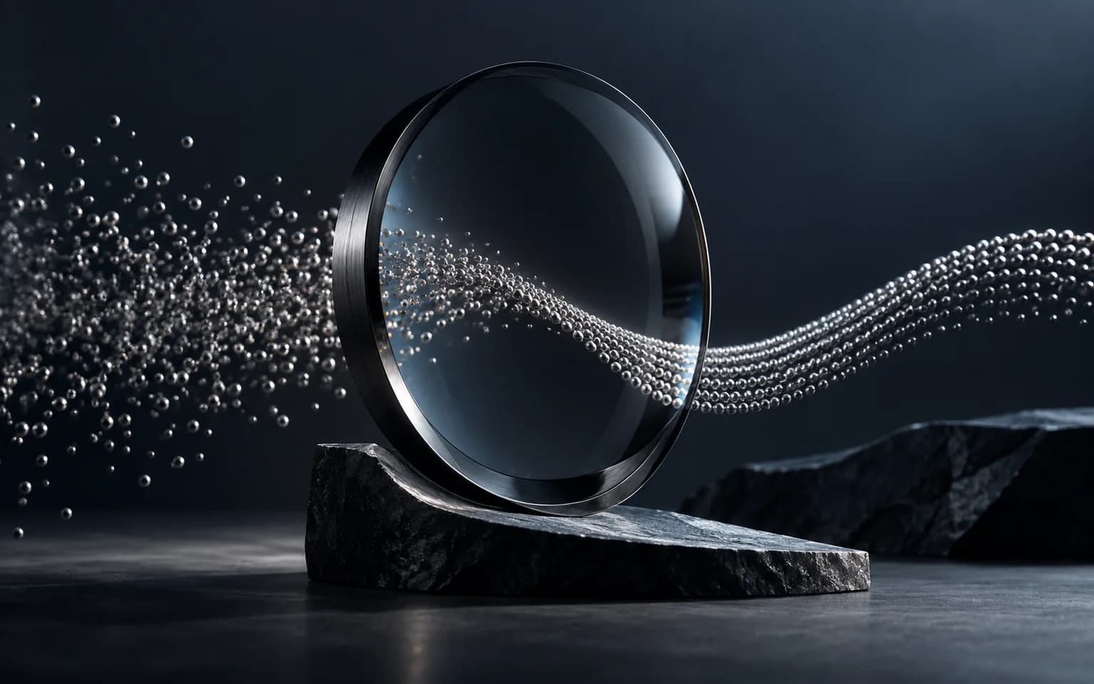 A glass lens organizing scattered metal particles into a wave