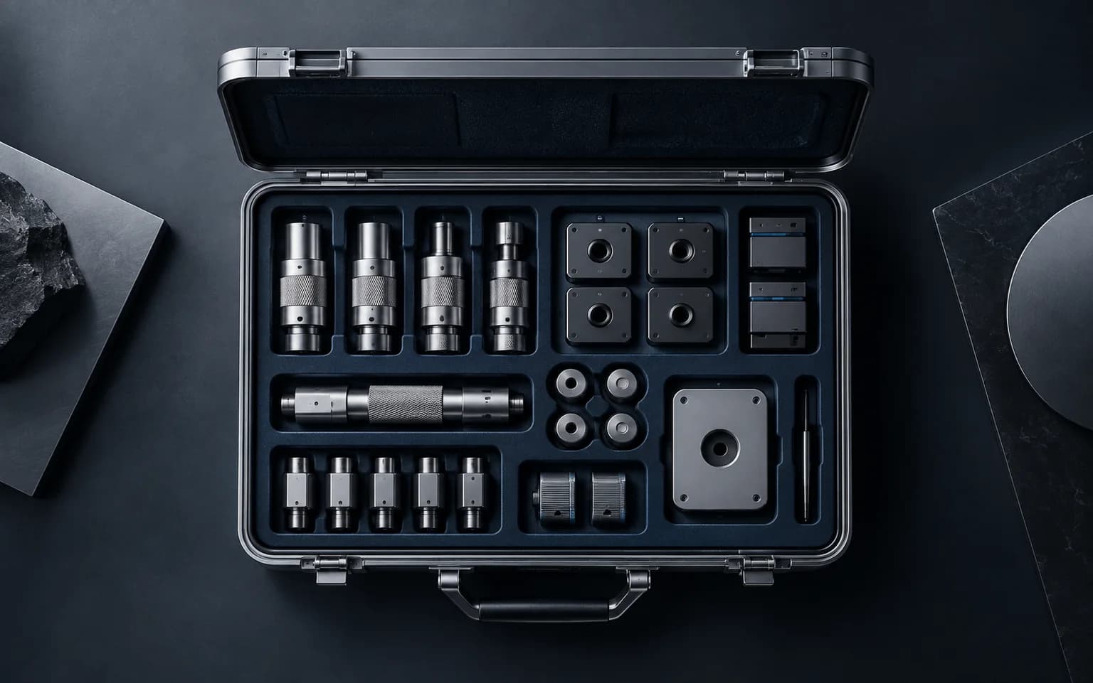 Precision connector parts in organized compartments