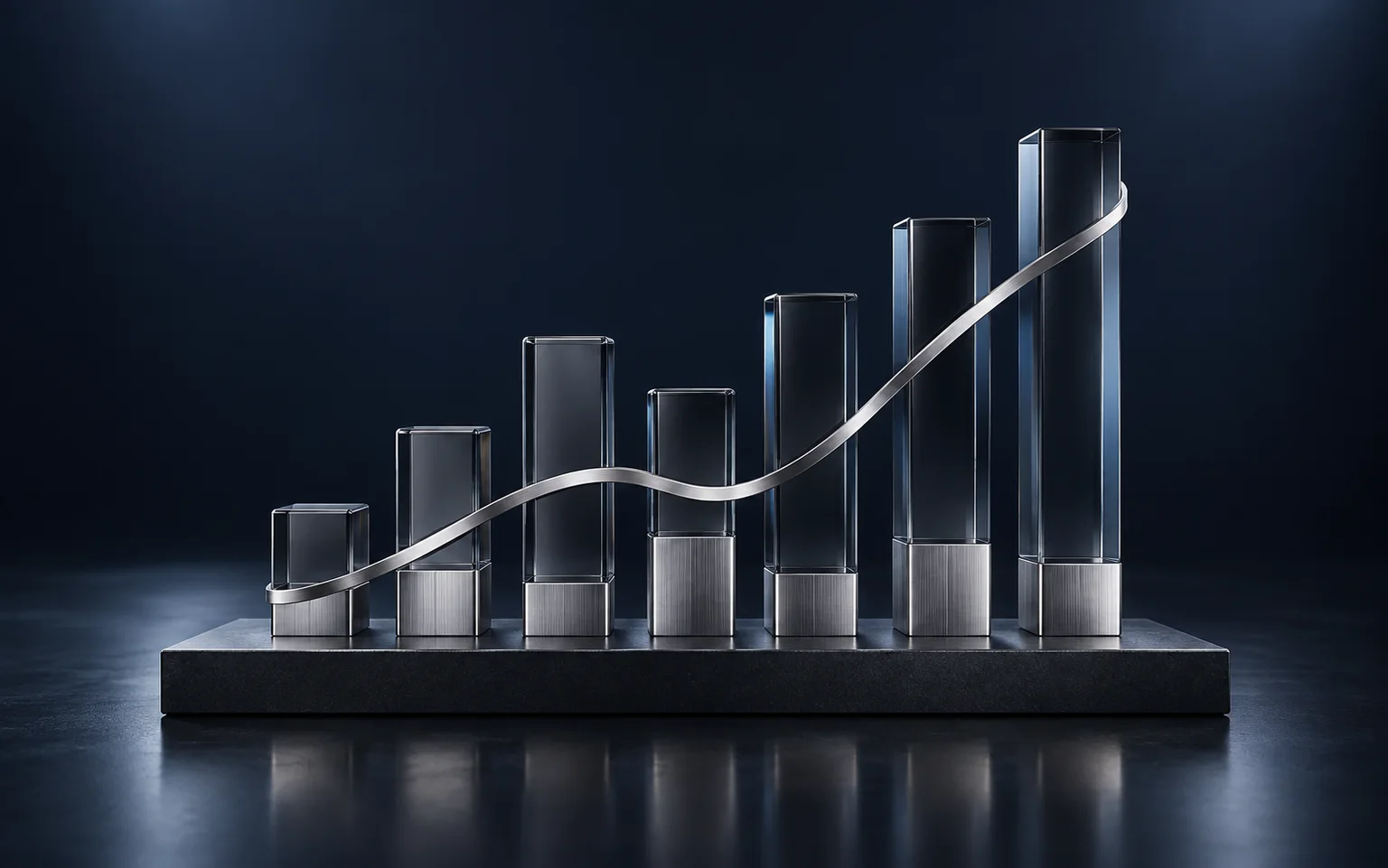 A silver curve rising through glass columns representing data