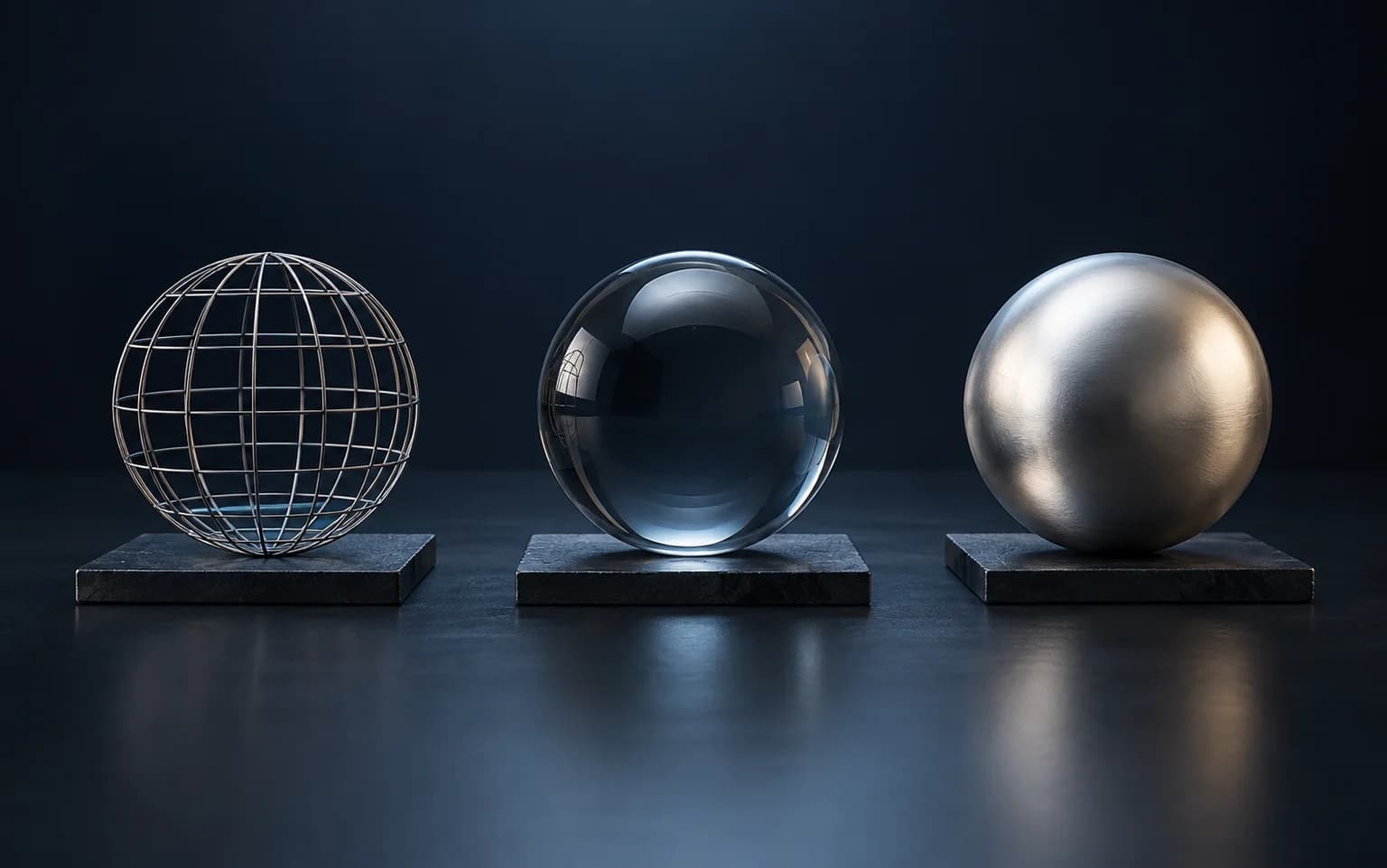 Three prototype stages in wire, glass and metal