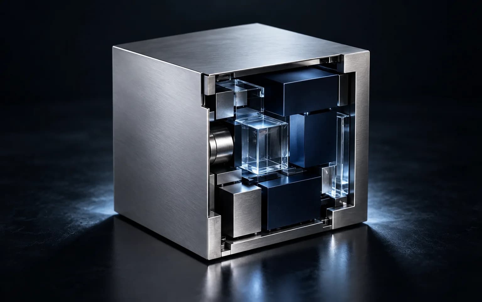 İç modülleri görünen hassas işlenmiş metal sistem